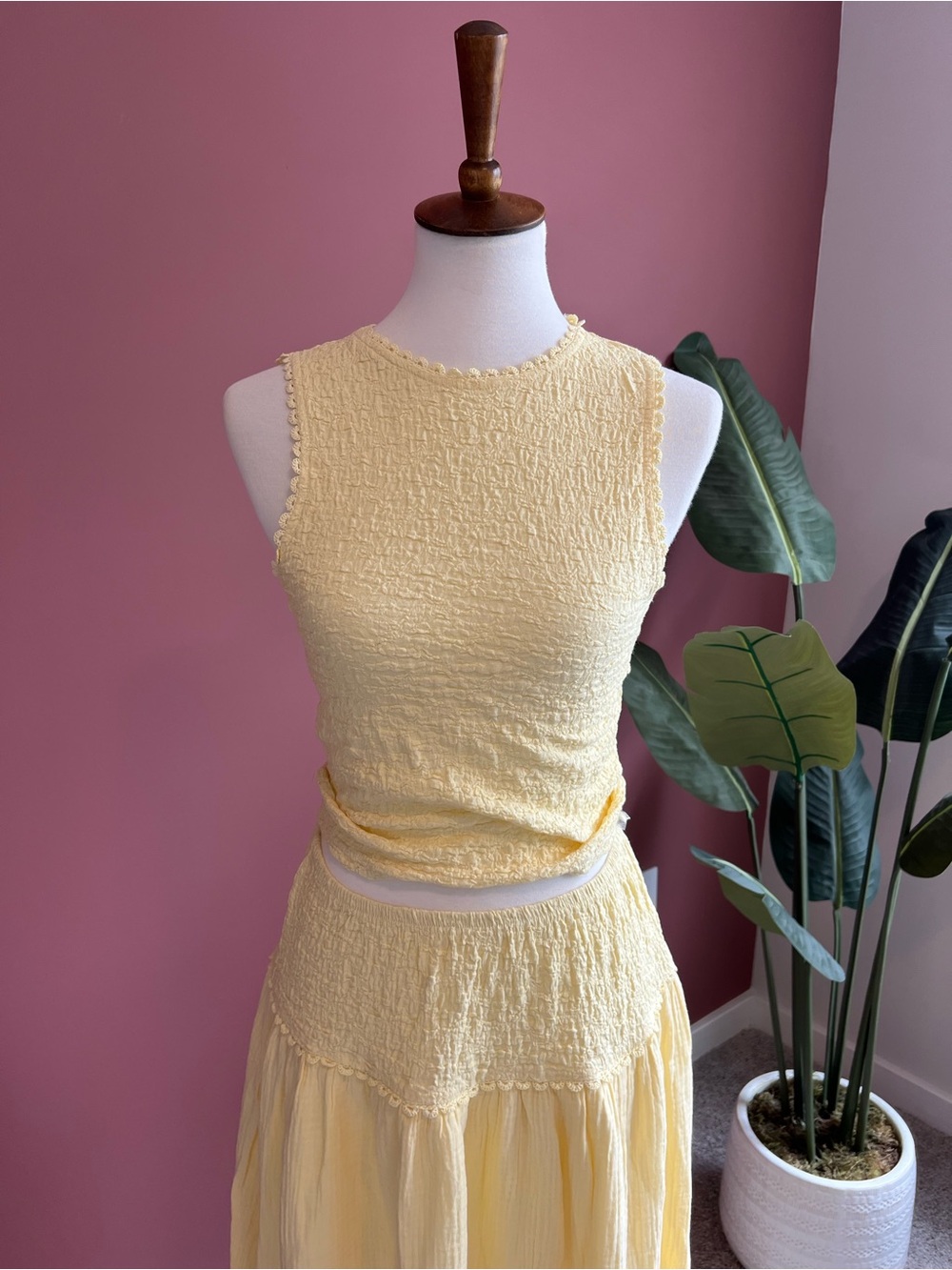 Yellow Smocked Crop Top & Midi Skirt Set Cottagecore Summer - Picture 2 of 3